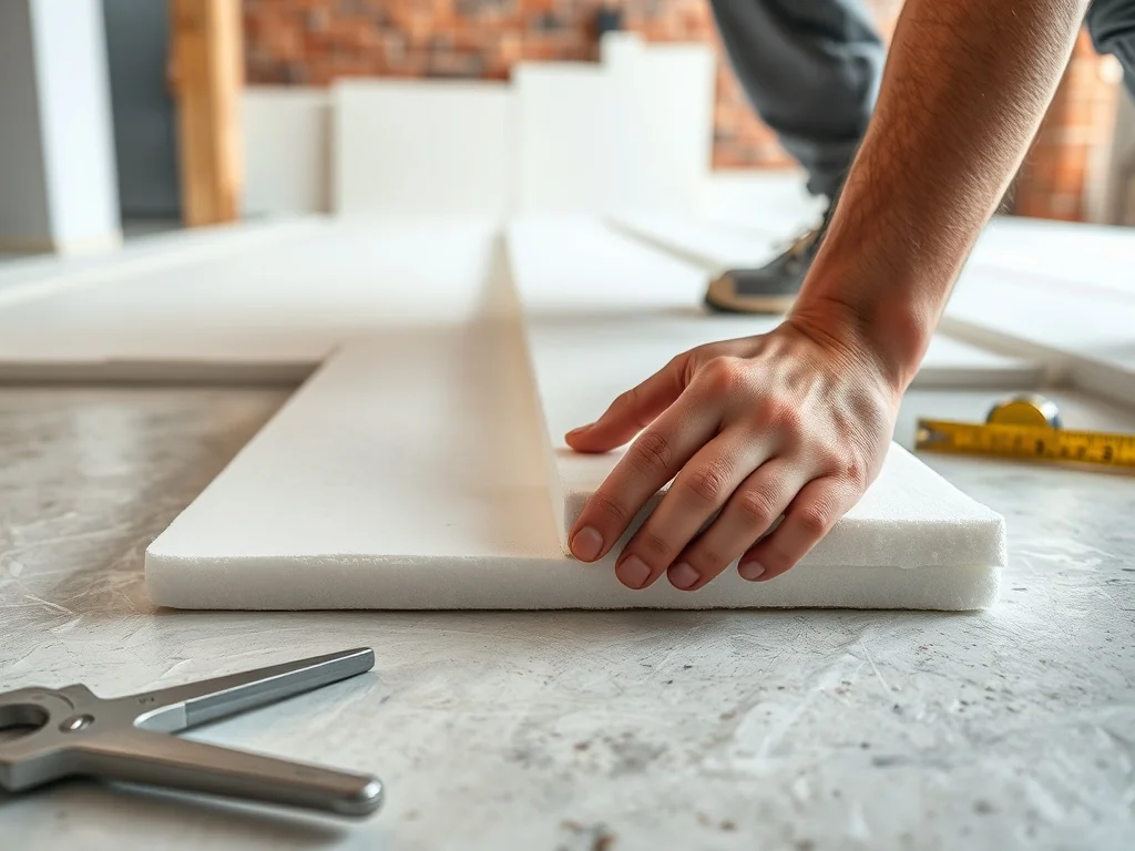 Ręce układają styropian na betonie z folią pod spodem, pokazując prawidłowe ułożenie folii pod styropianem.