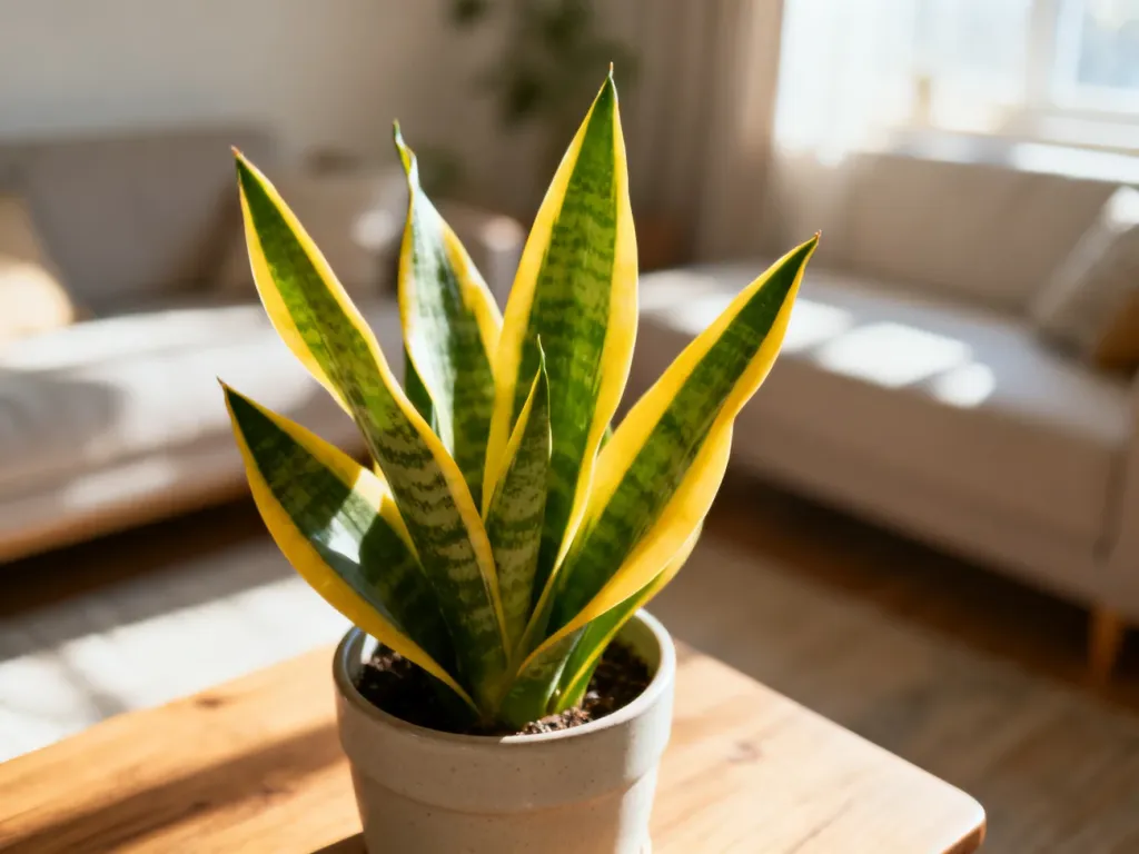 Sansevieria z charakterystycznymi mieczowatymi liśćmi w minimalistycznej doniczce na drewnianym stole w słonecznym salonie.