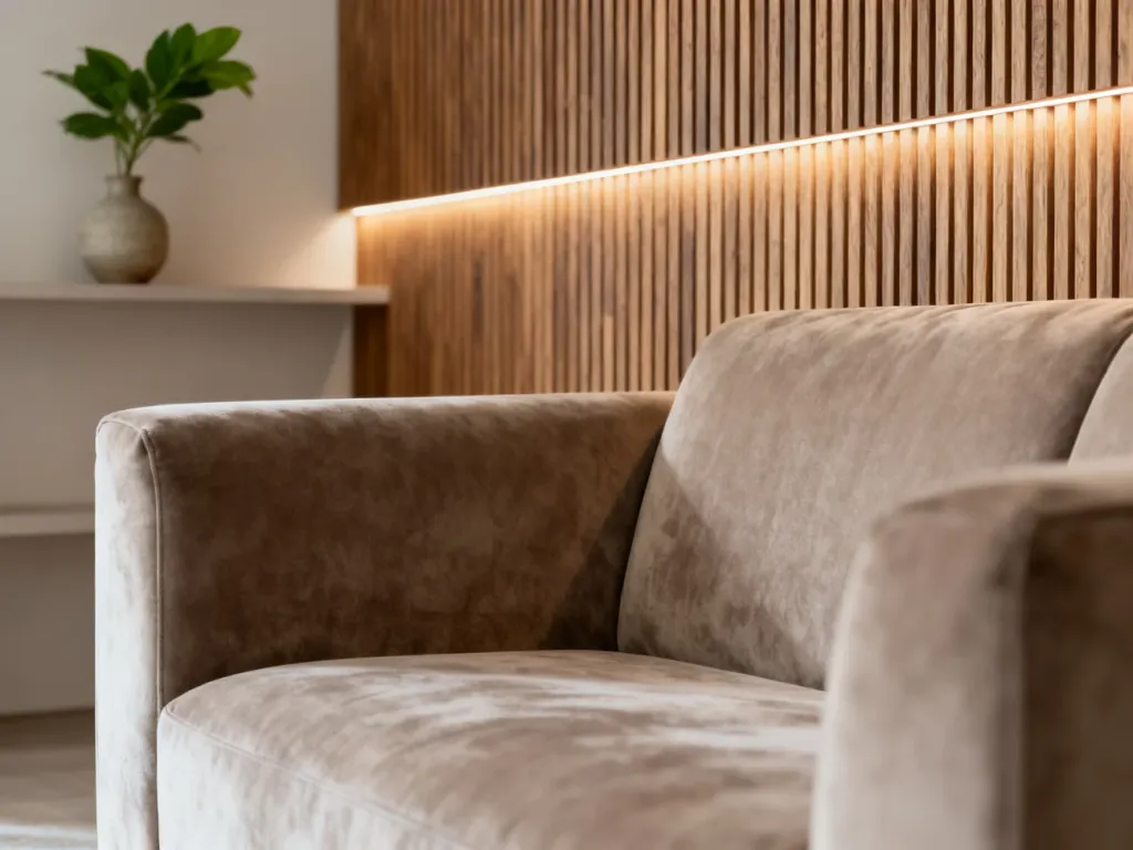 Nowoczesny salon z welurową kanapą oraz dekoracyjną ścianą z drewnianych lameli z subtelnym podświetleniem LED.