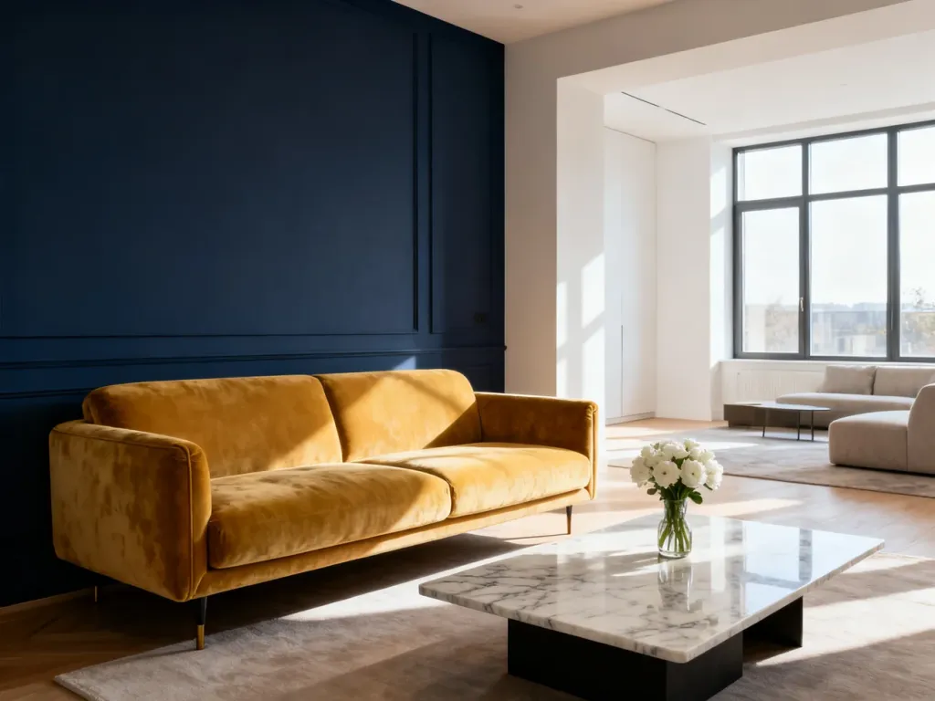 Musztardowa sofa na tle granatowej ściany w nowoczesnym salonie z marmurowym stolikiem kawowym.