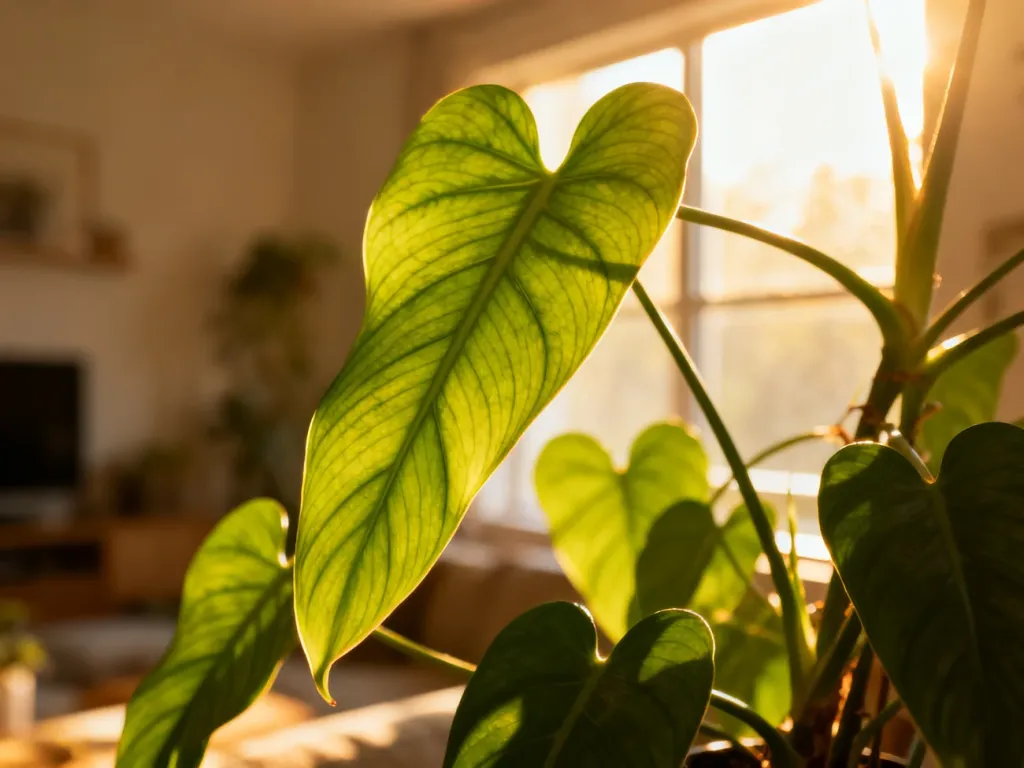 Zbliżenie na długie, sercowate liście Philodendron spiritus sancti z wyraźnym użyłkowaniem w słonecznym wnętrzu.