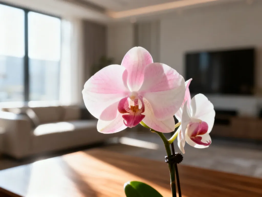 Kwitnący storczyk Phalaenopsis o różowo-białych płatkach w jasnym, słonecznym salonie.