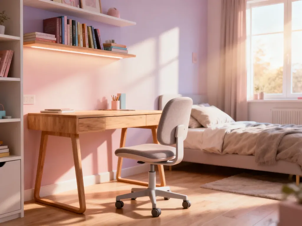 Nowoczesny pokój młodzieżowy z drewnianym biurkiem, ergonomicznym krzesłem, regałem i wygodnym łóżkiem w jasnych barwach.
