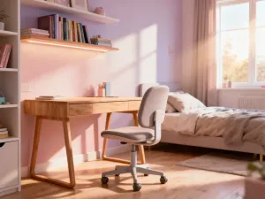 Kobieta przy minimalistycznym biurku pełniącym funkcję toaletki w jasnej sypialni, łączącym miejsce do pracy i makijażu.