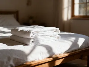 Iglak szczepiony na pniu w ozdobnej donicy na drewnianym balkonie, w tle rozmyty ogród w świetle zachodzącego słońca.