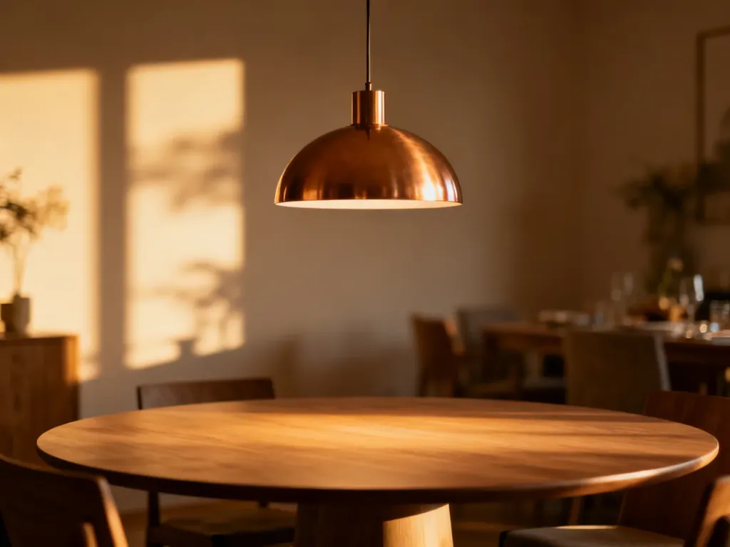 Nowoczesna, metaliczna lampa wisząca nad minimalistycznym, okrągłym stołem w przytulnej jadalni.