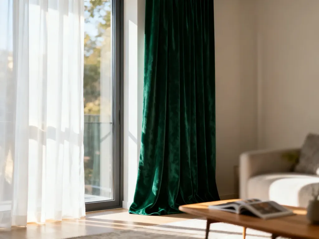 Eleganckie, szmaragdowe zasłony welurowe w nowoczesnym salonie, tworzące przytulną i stylową aranżację okna.