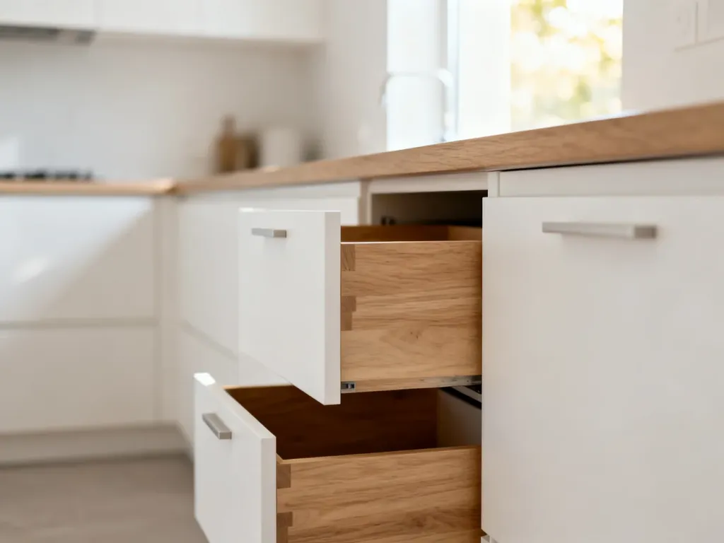 Nowoczesne szafki kuchenne IKEA z widocznym modułowym układem szuflad i jasnym wykończeniem z drewna dębowego.