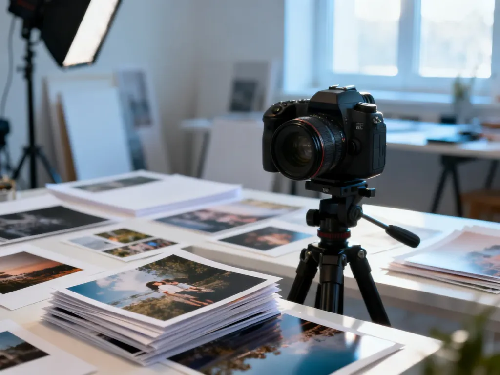 Profesjonalne studio fotograficzne z aparatem i różnymi formatami wydruków zdjęć gotowych do publikacji.