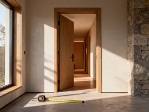 Nowoczesne wnętrze z dużym oknem balkonowym sięgającym podłogi, wpuszczającym naturalne światło do minimalistycznego salonu.